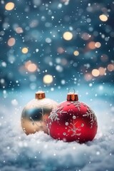 Fototapeta premium Christmas snowy landscape, festive ornaments, and dreamlike holiday atmosphere in dark teal, light red and blue, serene visuals, Christmas, background, copy space, Generative AI.