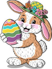 Cute bunny illustration in floral hat and big colorful egg