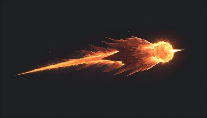 A brilliant flaming meteor with glowing molten tail streaking across the night sky, isolated on a transparent background for easy onto astronomy photography