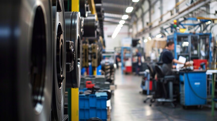 Obraz premium With the rhythmic hum of machinery in the background, workers in the bright warehouse engage in technological processes with unwavering focus, their hands working in close-up as th