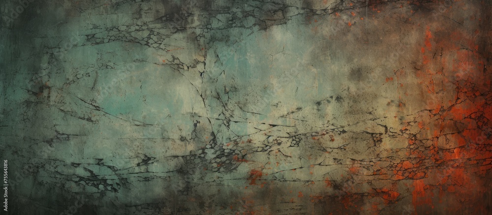 Poster this painting features a textured red and black grunge background with a vintage, shabby surface sho