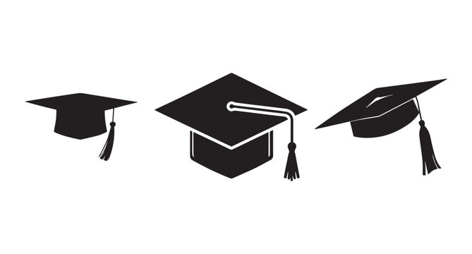 Graduation cap silhouette on the left wears the classic mortarboard cap with a tassel hanging to the side. This iconic cap is often associated with graduation ceremonies and bachelor’s degrees.