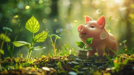 A piggy bank planting coins in a magical garden, watching as they grow into towering money trees - obrazy, fototapety, plakaty