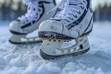hockey skates on ice, detail of blades and laces, essential equipment, ready for action, sports precision