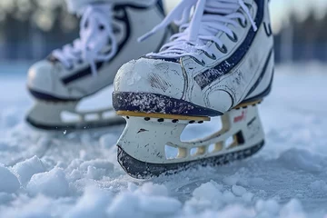 Wandaufkleber hockey skates on ice, detail of blades and laces, essential equipment, ready for action, sports precision © Davivd
