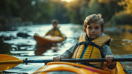 Portrait of a happy young kids doing kayaking in river by themselves with a big blurry backdrop with a big space for text or product, Generative AI.