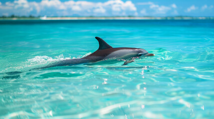 Obraz premium Graceful Dolphin Leaping in Turquoise Waters Under Clear Skies