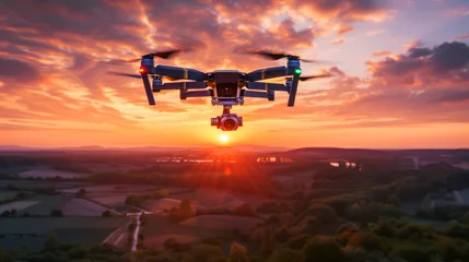 Fototapeten Quadcopter Drone Flying at Sunset with Camera Over Idyllic Countryside © Nongkran