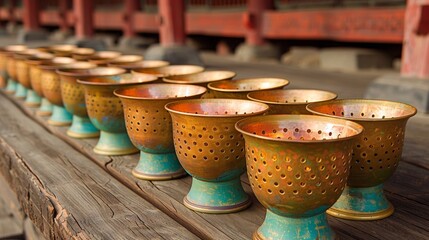 A row of gold cups sitting on a wooden table, AI