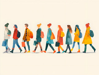 Illustration of people go with bags. Shopping. High-resolution