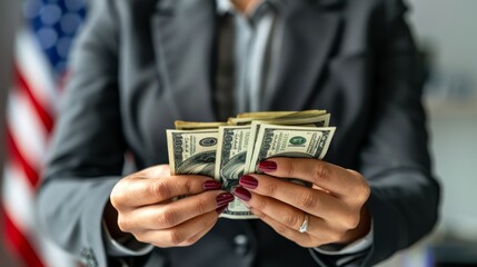 Businesswoman in suit holds stack of dollar bills against blurred american flag, close up view