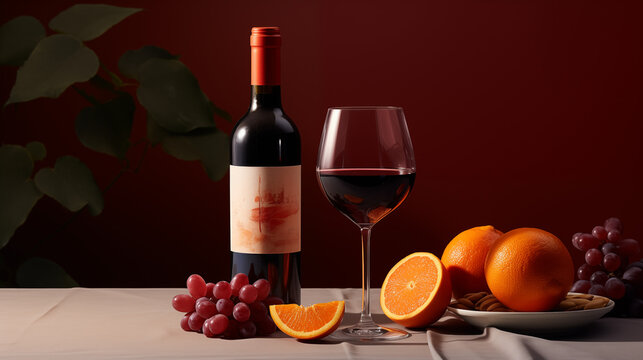 Bouteille de vin et verre de vin. Orange et grappes de raisin, sur fond bordeaux. Gastronomie, oenologie, vin rouge. Espace vide pour conception et création graphique.