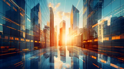 Deurstickers Picture of modern skyscrapers of a smart city, futuristic financial district with buildings and reflections , blue color background for corporate and business template with warm sun rays of light © Prasanth