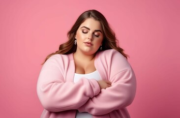 Obraz premium Plus size chubby woman on pink background. Beautiful large woman portrait in pink colors