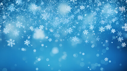 Fototapeta premium abstract blue background with bokeh lights and falling snowflakes