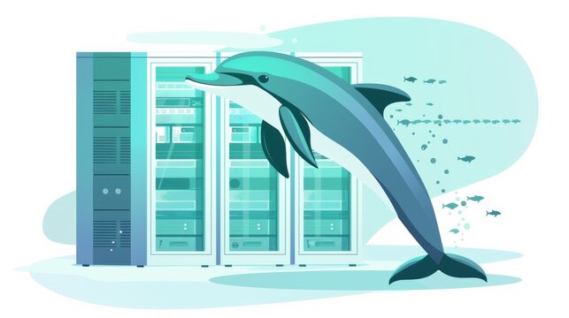 A dolphin jumping out of a server room with fish swimming around it, AI