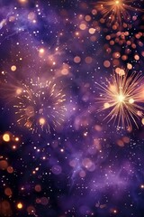 Obraz premium Purple and gold explosions fire works and bokeh backdrop for new year's celebrations, confetti-like dots and dark purple themes. Copy space. Abstract background holiday . AI generative.