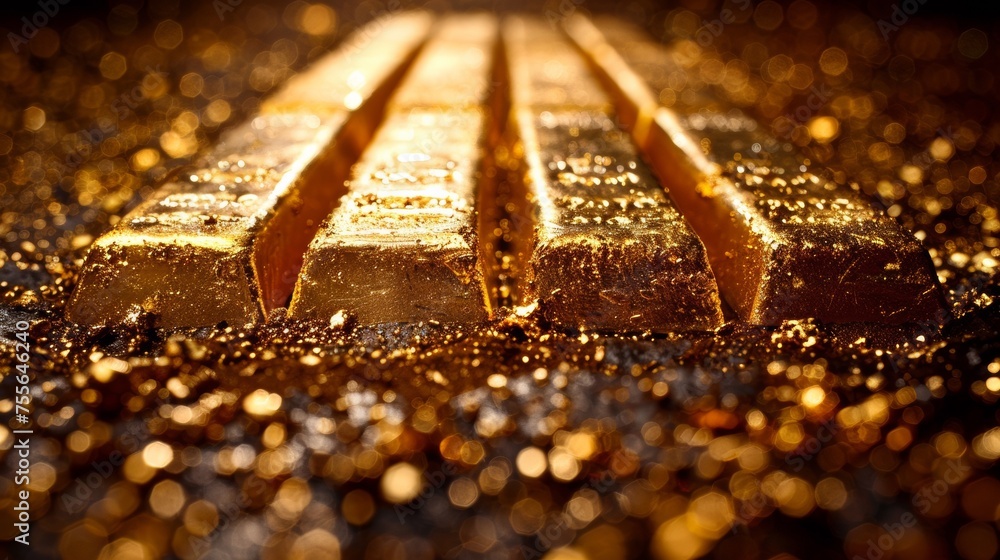 Poster a close up of a row of gold bars on top of some shiny objects, ai