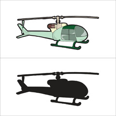 Helicopter in green tones on a white background.
Side, and black view. Vector illustration