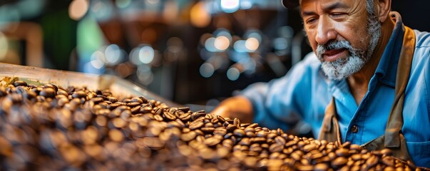 A man is looking at a pile of coffee beans