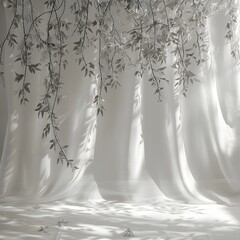 A white curtain with a tree branch hanging from it
