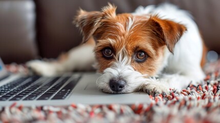 A small dog laying on a rug next to an open laptop, AI
