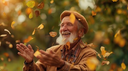 Portrait of happy senior man in autumn park. Elderly man with white beard. Concept happy old age