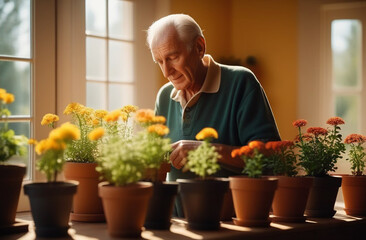 Elderly man replanting flowers at home