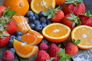 Fresh oranges, sliced ​​oranges, strawberries, raspberries and blueberries on a wooden table.
