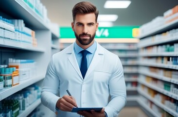 Smiling male pharmacist in pharmacy