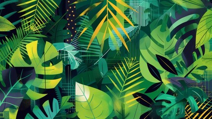 Rainforest geometric abstract background with lush greenery and tropical patterns for an exotic theme. - obrazy, fototapety, plakaty