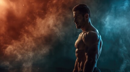 Handsome muscular man posing in studio over dark background. Fitness and bodybuilding concept.