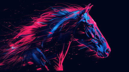 A horse with a glowing neon blue and pink mane running, creating a dynamic visual effect