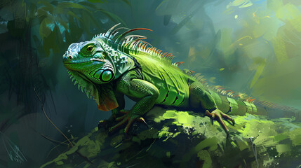 A vivid depiction capturing the essence of an iguana, set against a backdrop of lush and vibrant greenery