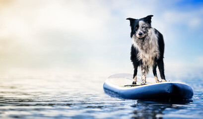 A beautiful black and white border collie stands on a blue sup board in the middle of the blue...