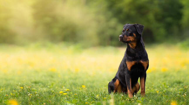 Beautiful young rottweiler sits on a summer green lawn and looks to the left. Portrait of a black dog in nature.