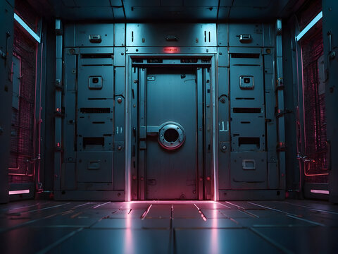 Cybersecurity sci-fi technology background with a perspective view of an empty room and door with a padlock.