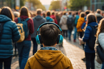 kid boy wearing headphone listening music