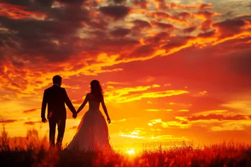 Gordijnen Emotional Wedding Couple Holding Hands Sunset Background Picture © Lucas