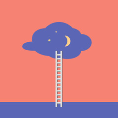 Imagination and dreams ladder. Stairs up to the clouds of the night sky with a crescent moon and stars.