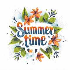 Hand drawn lettering - Summer time. A drawing on a white background with flowers, leaves and watercolor colorful spots. is ideal for wallpapers, posters, cards, prints on covers, phone cases, bags