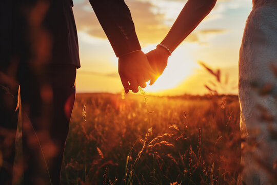Tender Wedding Couple Holding Hands Sunset Background Image