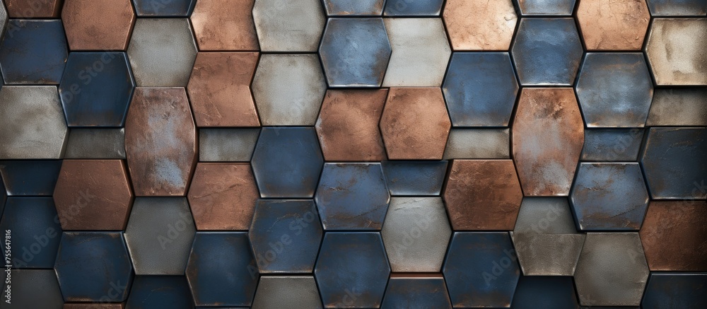 Poster a detailed view of a wall constructed from metal tiles, showcasing the texture and pattern of the ti