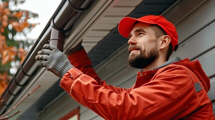 Portrait of a worker attaching aluminum rain gutter in house with a big space for text or product, Generative AI.