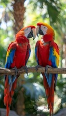 Pair of scarlet macaws perched on branch, blurred background with copy space, wildlife photography