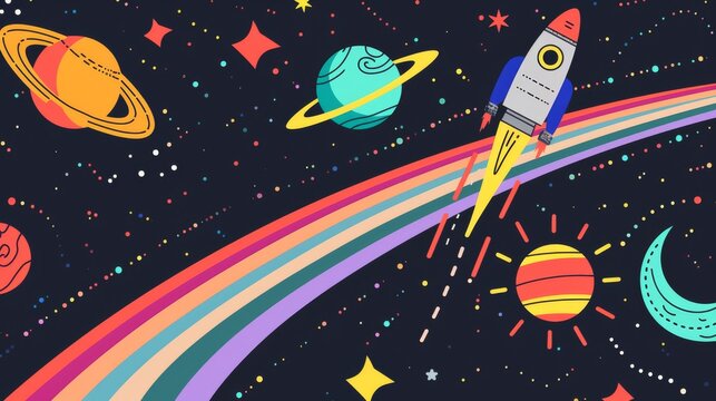 Space exploration concept with planets, stars, and spacecraft on a black background with rainbow accents. © furyon