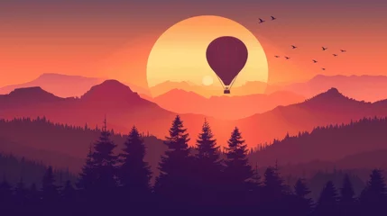 Poster Sunrise landscape with a hot air balloon silhouette © furyon