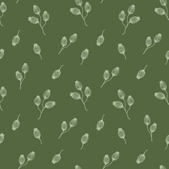 Botanical elegant elements seamless pattern on green background, floral wallpaper