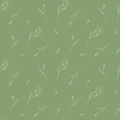 Botanical elegant elements seamless pattern on green background, floral wallpaper