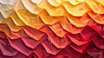Textured background of paper origami folds in a gradient of sunset colors from yellow to deep red.